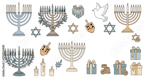 Illustrative collection of Hanukkah symbols and decorations, featuring menorahs, dreidels, Stars of David, gifts, and candles.