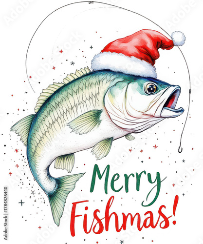 A largemouth bass wearing a santa hat and the text merry fishmas, isolated on transparent background