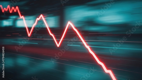 Red downward trending graph line on abstract motion blurred background chart