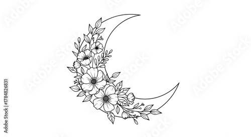 An elegant, hand-drawn outline of a crescent moon adorned with a beautiful arrangement of blooming flowers and delicate leaves, ideal for mystical and nature-inspired designs.