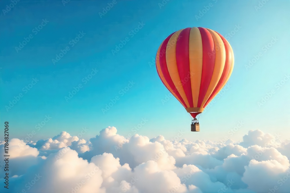 Fototapeta premium A whimsical hot air balloon floats serenely against a vibrant blue sky, casting a long shadow on fluffy clouds below Perfect for travel, adventure, and freedom themes , fantasy, clouds