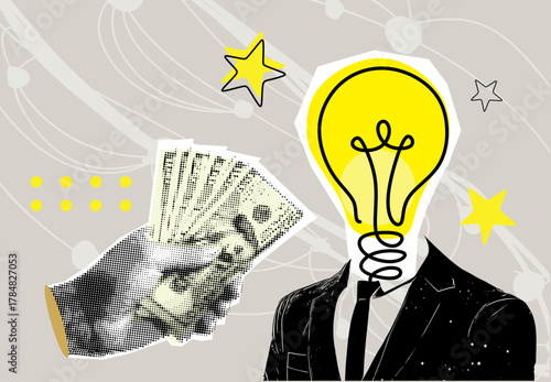 Trendy halftone collage element. Person, businessman, expert with light bulb instead head and hand giving dollar money.  Buy idea, investing. Concept Investment into Idea or Business Startup