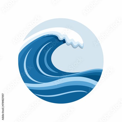 Stylized ocean wave depiction in a circular frame offers dynamic movement and visual depth