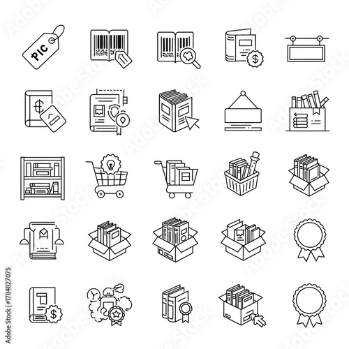 online book store icons for e-commerce promotion featuring book sales with special offers perfect for educational websites and digital marketing campaigns.