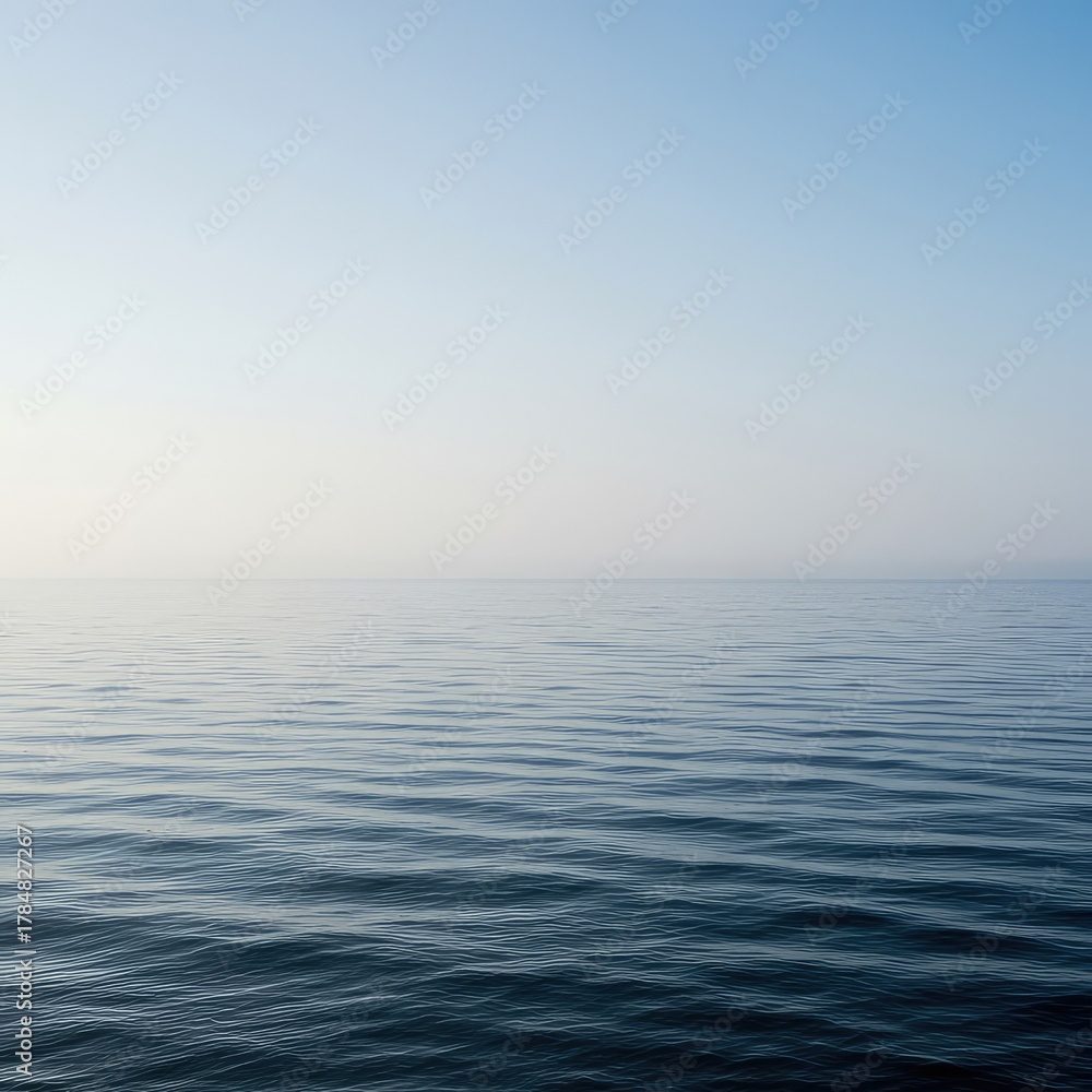 Fototapeta premium Abstract, infinite seascape where the smooth ocean merges seamlessly with the hazy, blank sky on a distant, fluid horizon line ,ethereal ,sea ,template