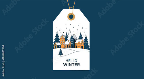 A cozy winter village scene with houses, snow-covered trees, and falling snowflakes on a decorative tag, set against a dark blue background.