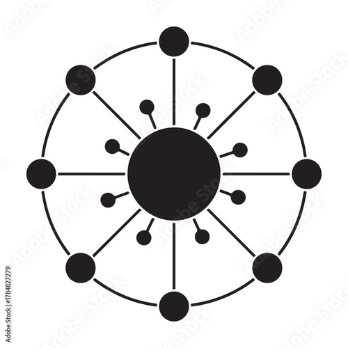 Black abstract circular network diagram with central core and radiating nodes connection communication