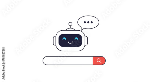 A friendly AI chatbot icon communicates above a search bar, symbolizing artificial intelligence assistance and online query solutions.
