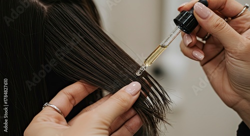 Applying Hair Serum with Dropper to Dark Hair Strands