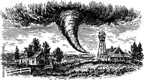 Tornado engraving in an antique style. Detailed line drawing depicting a storm over a rural landscape with a windmill, showcasing vintage vector illustration.