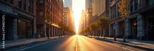 Empty city street bathed in sunlight, buildings stand tall and silent, a feeling of stillness and solitude in the urban landscape , daytime, calm