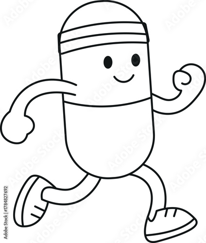 A capsule character jogging with a headband line art vector.