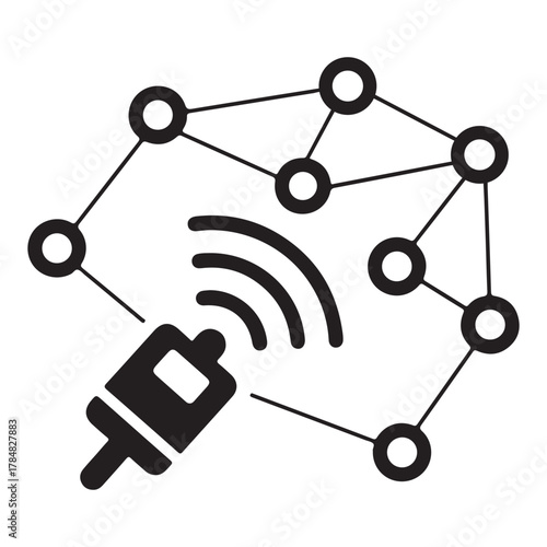 Black icon of a network connection with a Wi- Fi signal and plug Keywords: network, connection, wifi, wireless