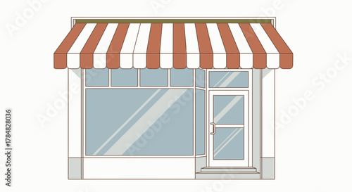 Charming storefront with striped awning beckons customers inside, perfect for retail, cafe, or shop concepts with quaint, welcoming appeal and architectural style