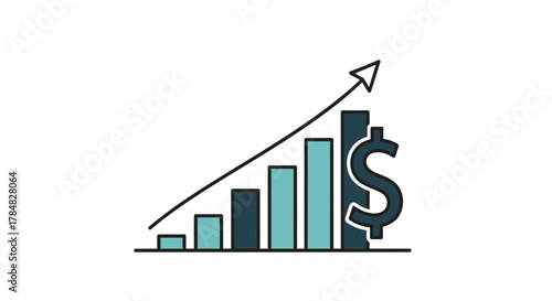 Dynamic growth chart with arrow and dollar sign pointing upward, symbolizing business success and financial prosperity in a modern, clean design