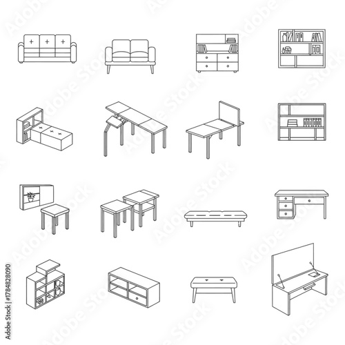 furniture icons showcasing a variety of home furnishings in a clean line art style perfect for interior design concepts and home decor presentations