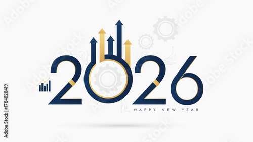 Corporate Happy New Year 2026 banner for business and tech; a modern design with gold icons symbolizing growth, data, strategy, and innovation for 2026