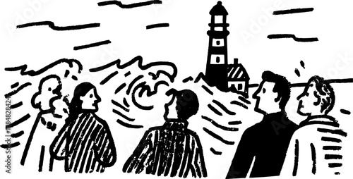 Lighthouse silhouette with ocean waves and a group of people viewing the scene. Hand-drawn black outline vector illustration.