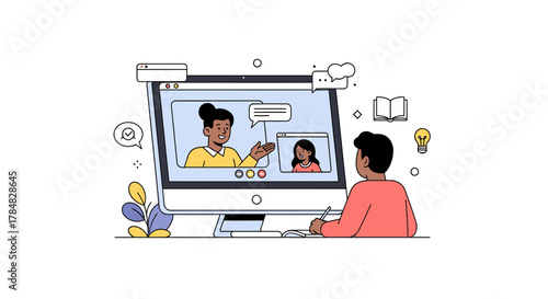 Connect virtually with distance learning using this modern illustration, perfect for online education, remote classrooms, and digital training programs