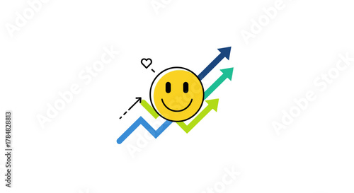 Uplifting business growth concept with happy face and rising arrows, symbolizing success, positive trends, and market gains for financial prosperity