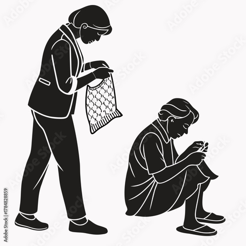 Two women knitting and crocheting in a simple graphic style