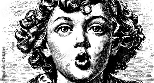 Antique print of a child's face in a hand-drawn style. This detailed vector illustration features a classic silhouette and stipple technique.