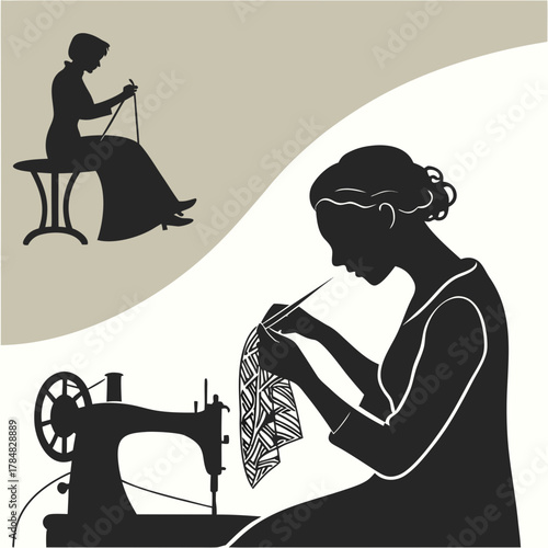 Two women engaged in sewing and knitting crafts