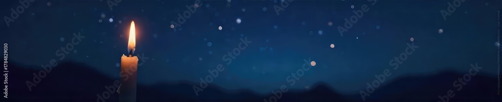 Naklejka premium Silhouette of a single candle burning brightly against a dark night sky, stars twinkling, conveying hope and silent wishes made at midnight , midnight, time, dreams