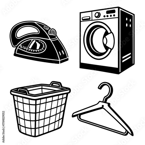 Set of laundry and ironing equipment icons in black and white