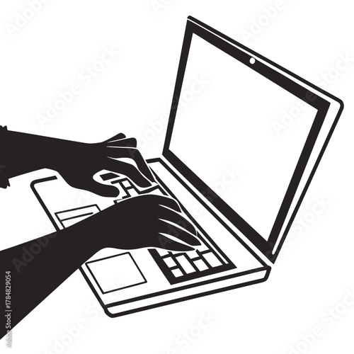 Silhouette of hands typing on a laptop keyboard