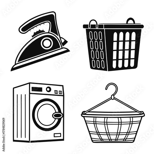 Set of laundry service icons including an iron washing machine and baskets