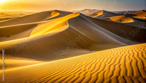 朝日に照らされた砂丘と風紋が広がる静かな砂漠風景
