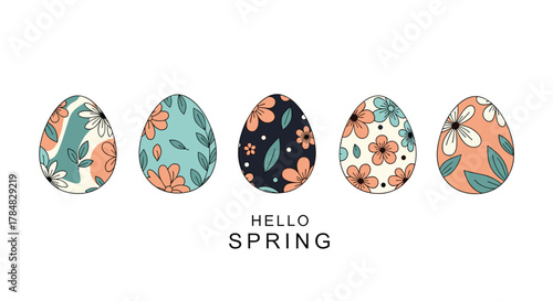 Five colorful Easter eggs with various floral and botanical patterns wishing a Hello Spring message.