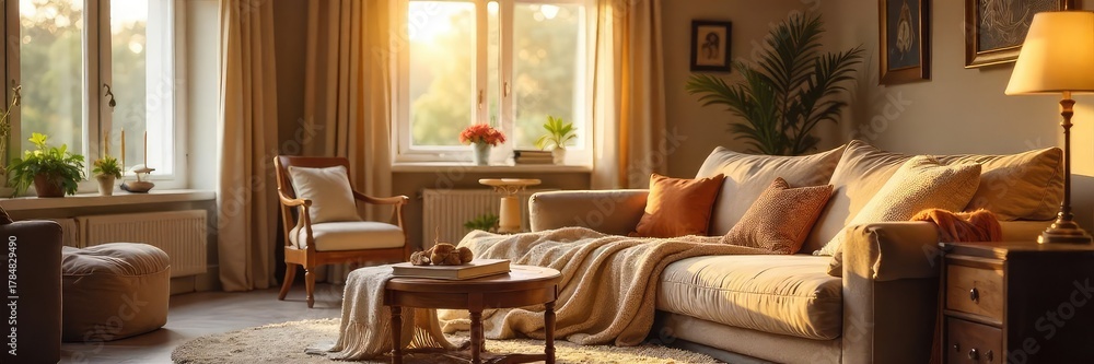 Fototapeta premium Warm, inviting interior scene featuring soft lighting, comfortable furniture, and cozy textiles Perfect for home, family, or lifestyle projects emphasizing relaxation and comfort , dwelling, comfort