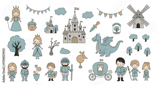Charming fairy tale elements illustration set featuring princesses, knights, castles, a dragon, and carriages for children's designs.
