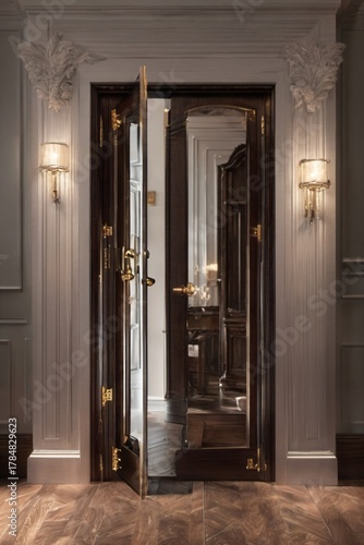 Luxury Interior Doorway with Brass Fixtures and Warm Ambient Lighting
