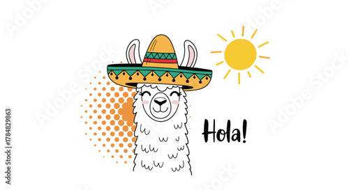 An adorable cartoon llama wearing a colorful sombrero smiles and says \.