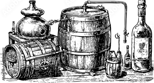 Vintage distillery equipment vector illustration. Black and white outline drawing of barrels, bottles, and pot stills in a historical set.