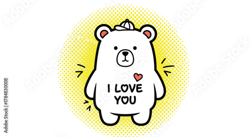 A cute cartoon white bear wearing a cap, expressing love with \.