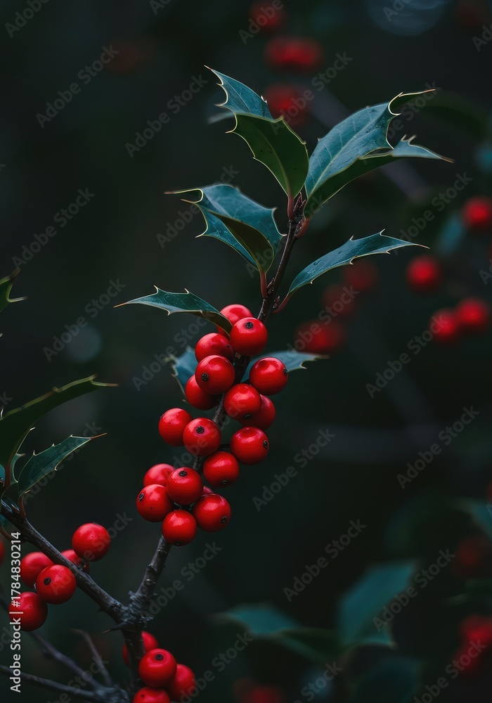 Obraz premium Detailed close-up view of fresh winter holly branch showcasing bright red fruit and spiky dark green foliage in a natural environment ,holly ,garden ,green