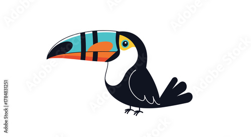 A charming cartoon toucan with a large, colorful blue, orange, and black striped beak stands playfully against a clean white background.