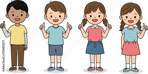 Happy children cartoon characters giving thumbs up, cute boys and girls standing together smiling, colorful flat style vector illustration, positive teamwork concept