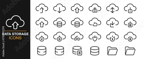 Digital data organization and cloud storage outline icons for UI/UX