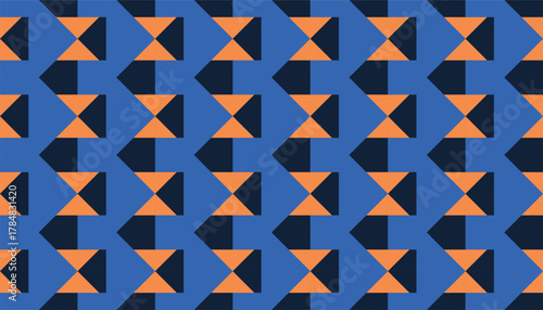 Dynamic seamless geometric chevron/zigzag pattern. A triangle vector design with a contrasting deep blue and orange color combination, suitable for sporty or retro background