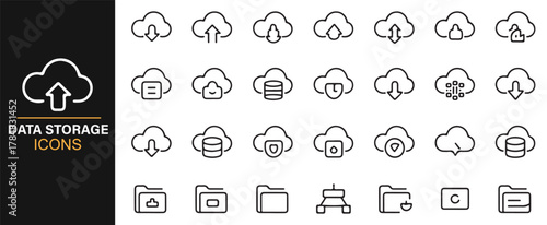 Tech-themed cloud service icons with upload, sync, and server graphics