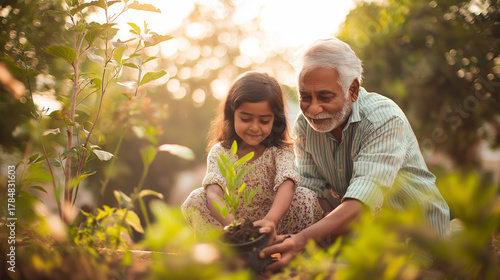 Indian grandfather helping young granddaughter plant small tree in garden, warm sunlight, happy expressions, soft background bokeh
