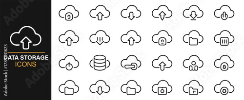 Online storage and file management icons in simple line-art style