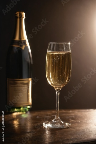 Champagne Glass with Bottle in Elegant Warm Lighting