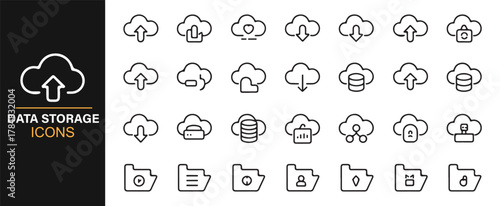 Minimal line icons for upload, download, sync, and cloud computing