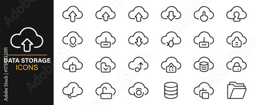 Cloud storage and database outline icons for digital data management